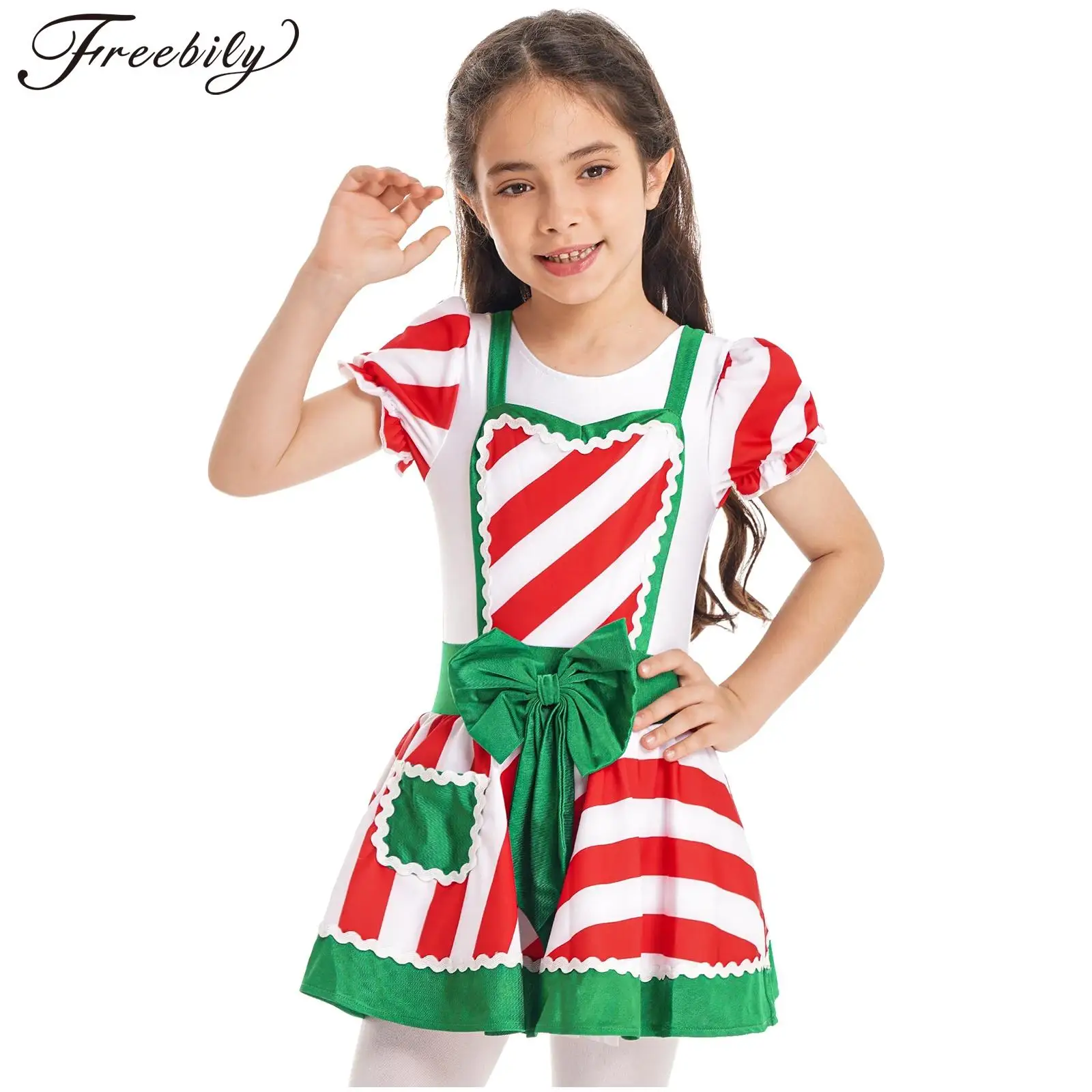 

Kids Girls Christmas Candy Cane Dress Figure Skating Ballet Dance Costume Short Sleeve Baton Twirling Striped Mesh Leotard Tutu