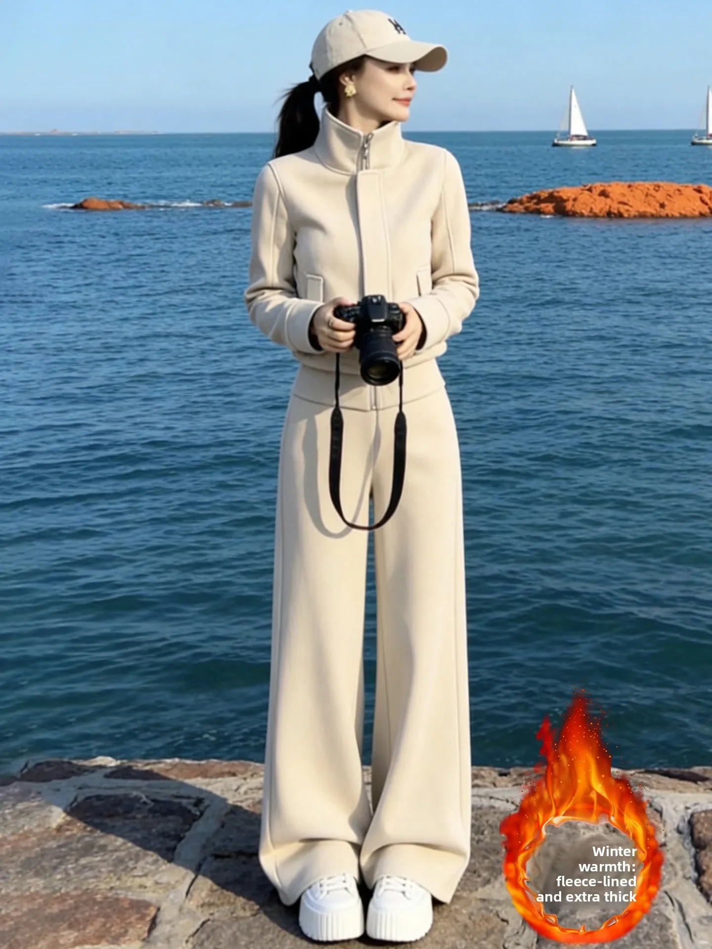 

Женский спортивный повседневный комплект Fce Lined Thi для осени и зимы с кардиганом с воротником-стойкой и широкими брюками