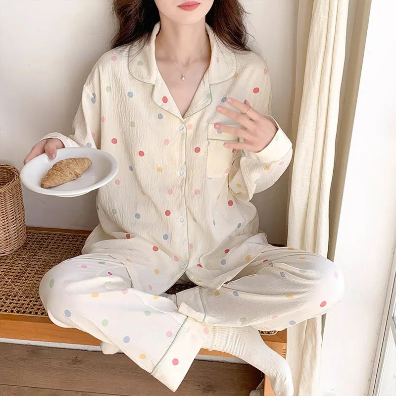 Korean Ins Color Wavelet Dot Nightwear Women's Pajamas Autumn Long Sleeve Set Small Fresh Loose Set Ladies Sleepwear Homewear