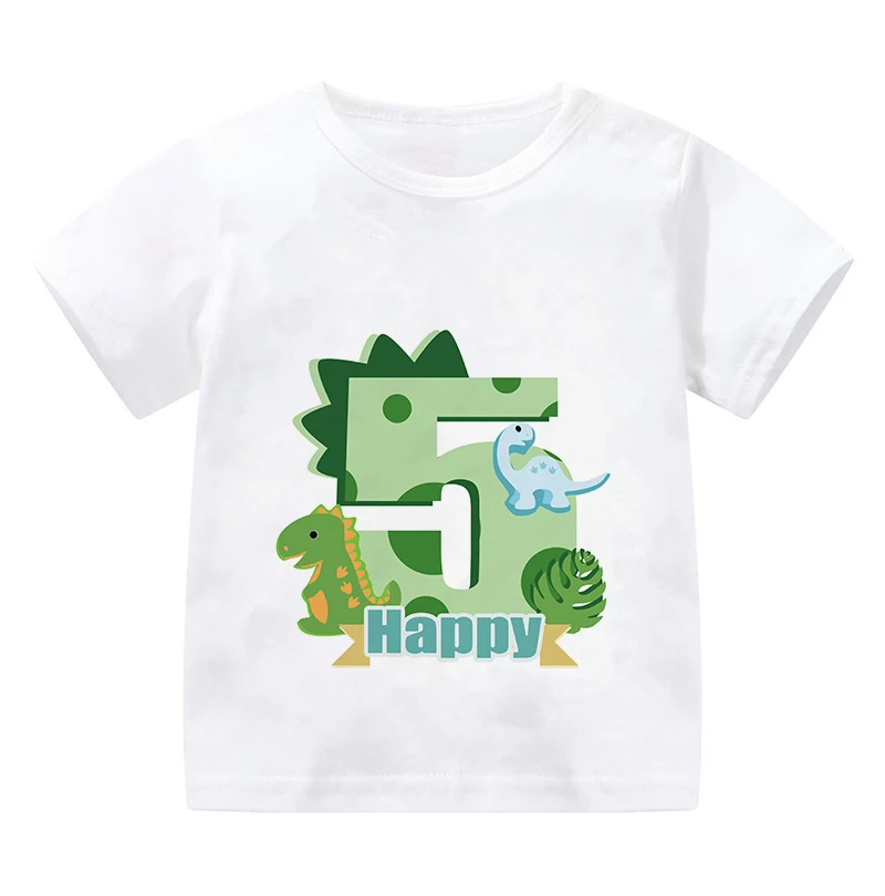 New Dinosaur Print Girls Clothes 1 2 3 4 5 6 7 8 9 Years Happy Birthday Number Bow Kids Short Sleeve T Shirt Baby T-Shirts