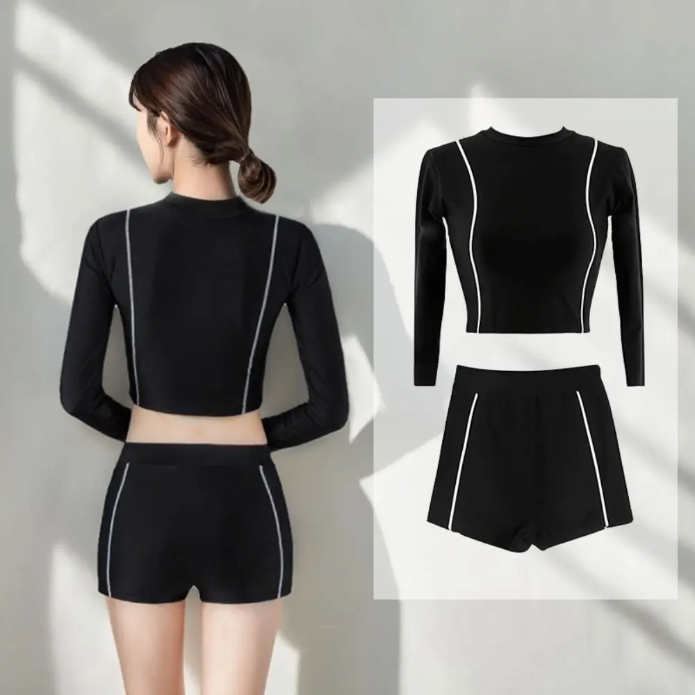 Costume da bagno da donna con design patchwork, vestibilità snellente, costume da bagno a maniche lunghe a vita alta con pantaloncini, tessuto per protezione solare