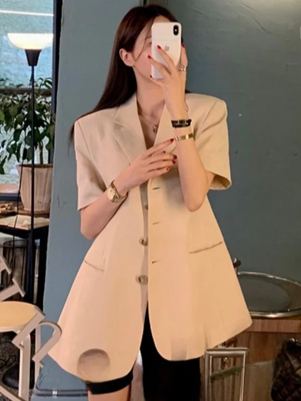 

Chic Korean Sle Cotton Linen Suit Jaet with Lapel Single Button Loose ort Sve for Women Autumn Spring Summer