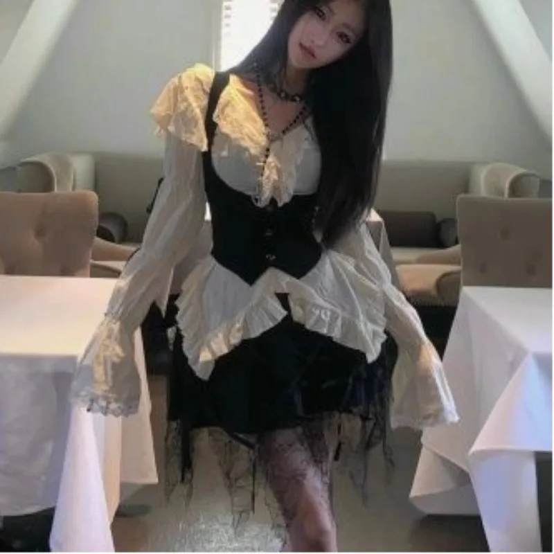 

Gothic Black 3 Piece Sets Women Casual Y2k Blouse + Corset Vest + Mini Skirts Harajuku Vintage Suits Outfits Japan Fashion Chic