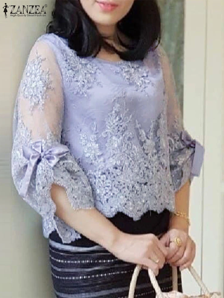 

ZANZEA Casual Tops Tee Summer Spring 3/4 Sleeve Lace Patchwork Transparent Women Blouse Streetwear Solid Lace-up Blusas Tunic