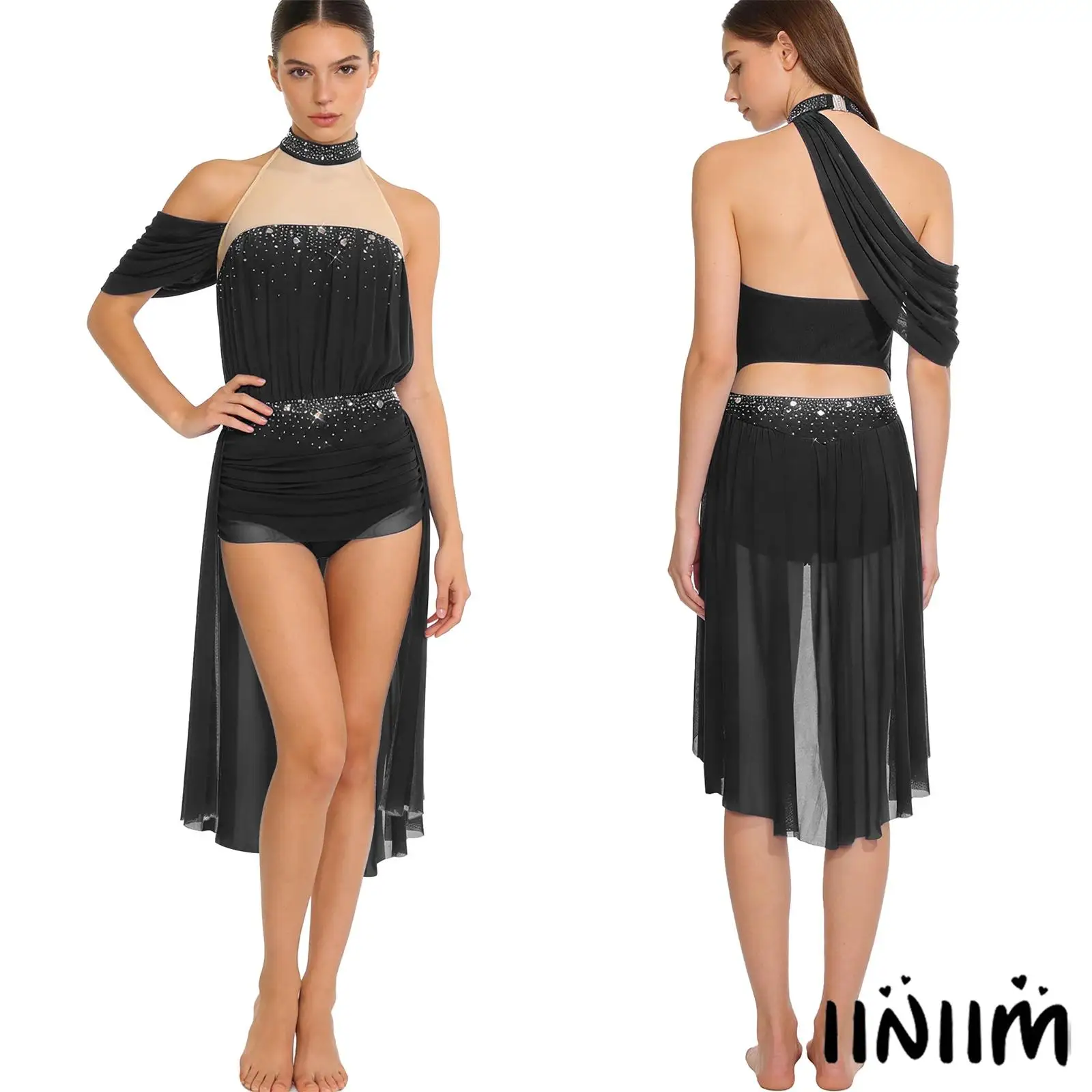 

Womens Elegant Salsa Latin Dress Backless Ruched Mesh Irregular Hem Bodysuit Dress Latin Dancewear for Practice Performance