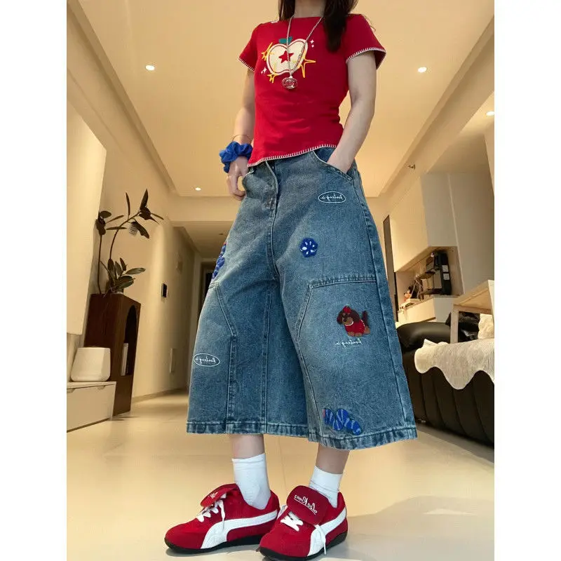

Retro Cartoon Embroidered Cropped Jeans Women's Summer High Waist Loose Straight Wide Leg Sycamore Shorts