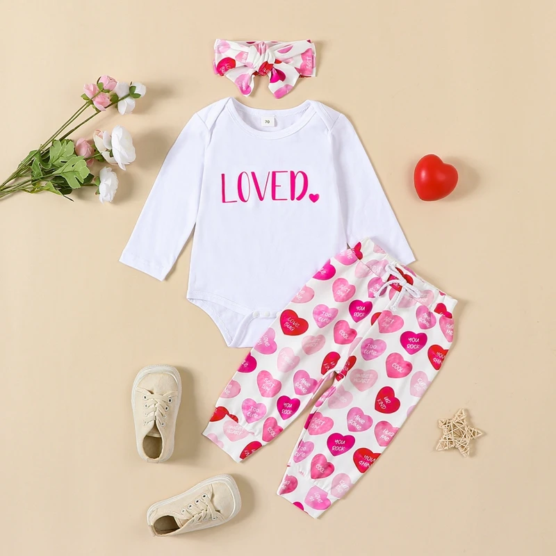 Newborn Baby Girl Valentines Day Outfit Infant  Romper Pants Headband Set Gift Cute Long Sleeve Clothes