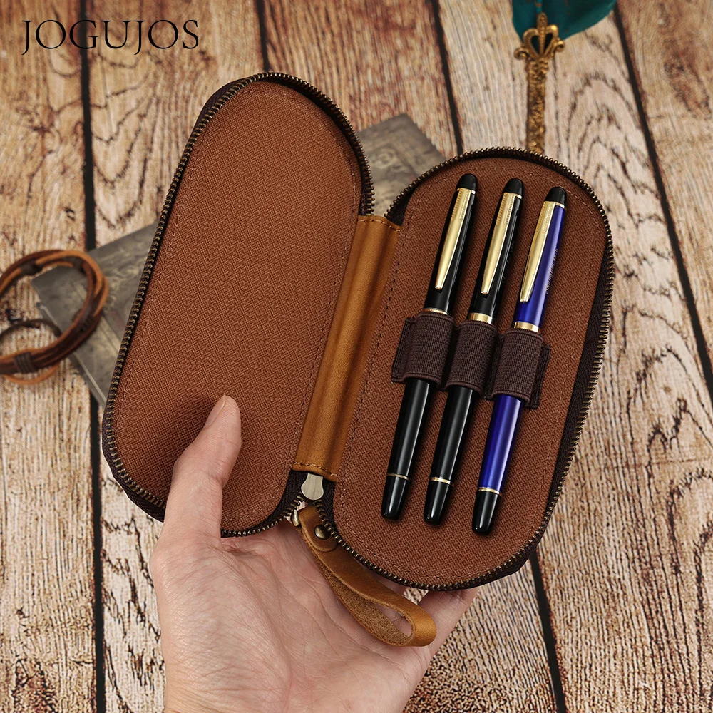 JOGUJOS Genuine Cowhide Leather Pen Storage Bag Business 3 Slot Retro Simple Student Stationery Pen Case Leather Office Pen Bag