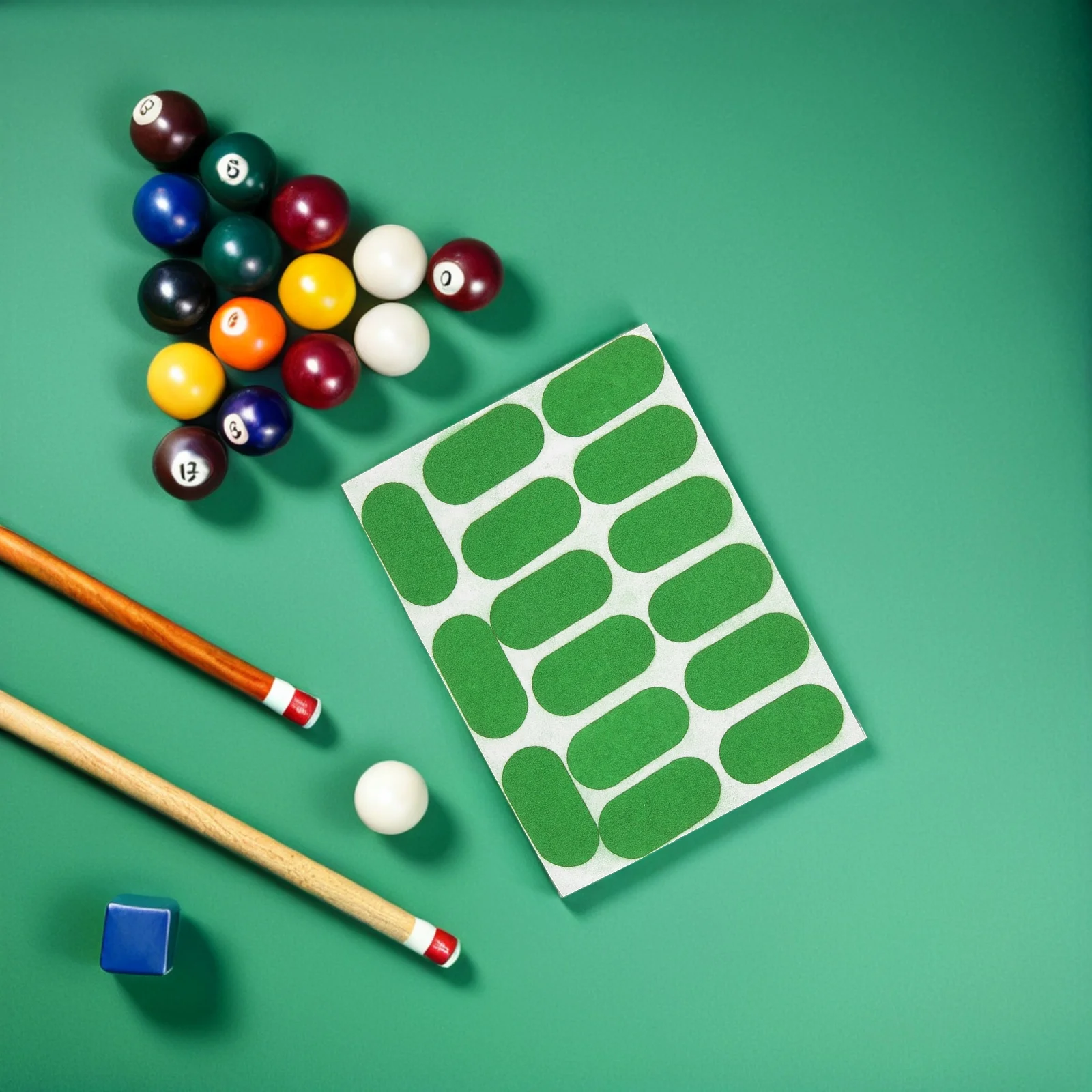 Adesivos de reparo de pano de bilhar, 2 folhas, 1.97x0.98 polegadas, verde, remendo de reparo de mesa de sinuca, acessórios de reparo de mesa de sinuca