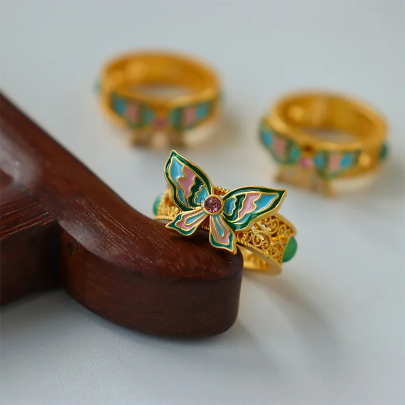 Butterfly Oil Drop Rings Light Luxury Fashion Women's Ring Retro Exquisite Daily All-match National New Chinese Style Ring