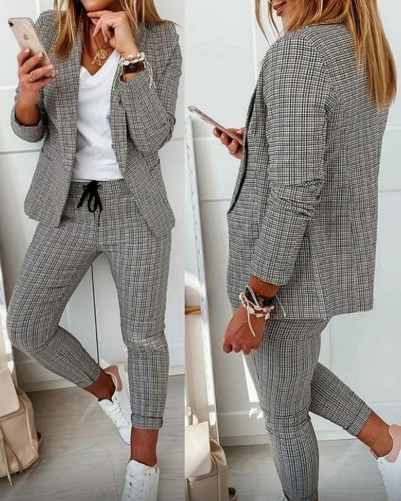 Moda donna due pezzi Set abiti 2023 autunno donna Turn Down stampa Blazer cappotto coulisse pantaloni vestito donna Casual Set