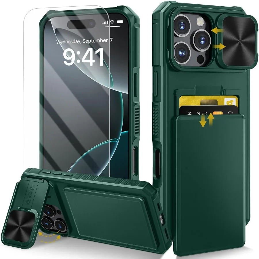 

Защитный чехол 5 в 1 для iPhone 16 Pro Max со встроенным держателем для карт, слайд-крышка для камеры, подставка, держатель для селфи, комбинированный и