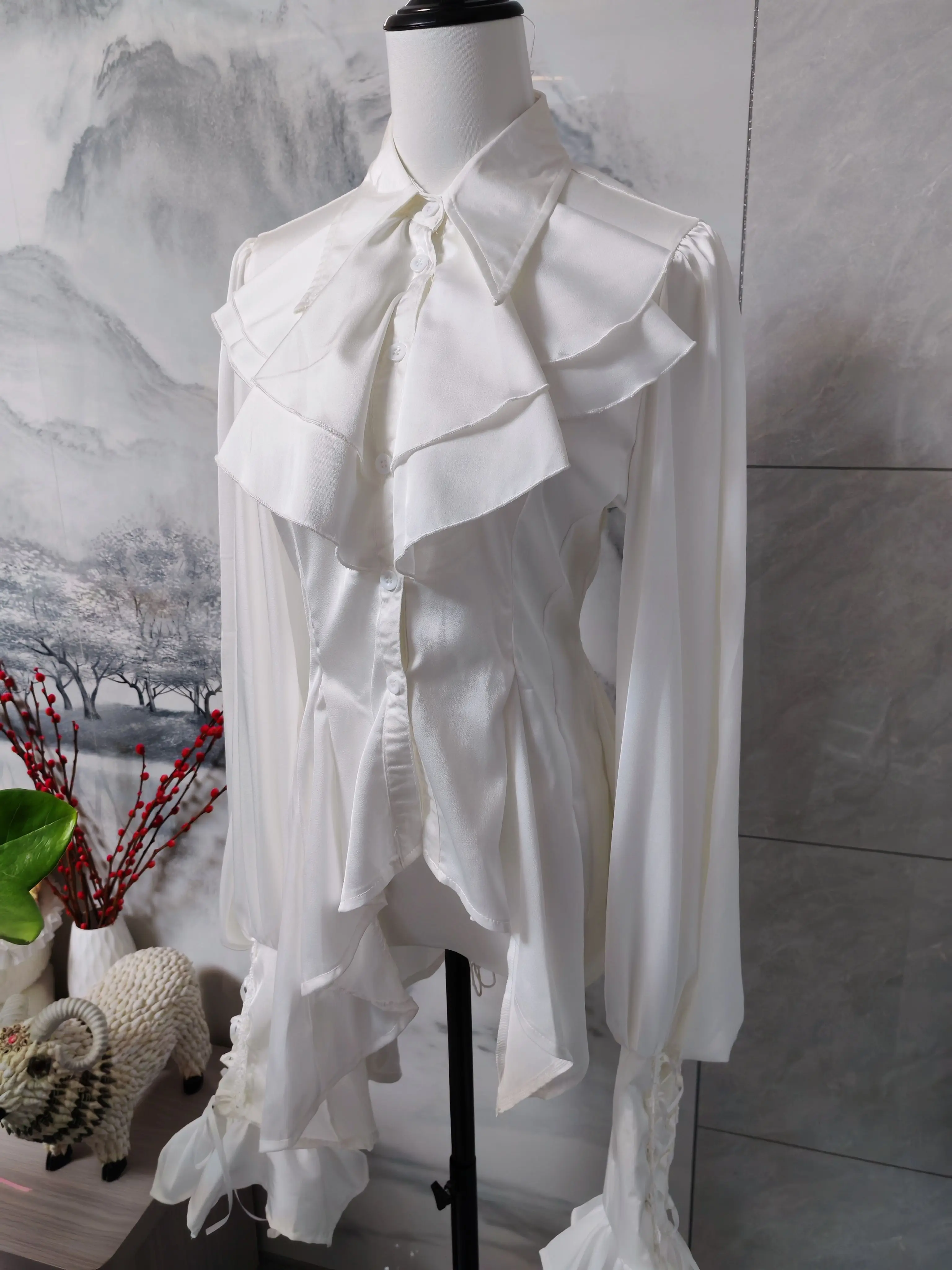 Gothic Ji Sleeve Top White Lolita Long Sleeve Shirt Women Saliva Towel Shirt Bubble Sleeve Solid Color High Waist Irregular Top