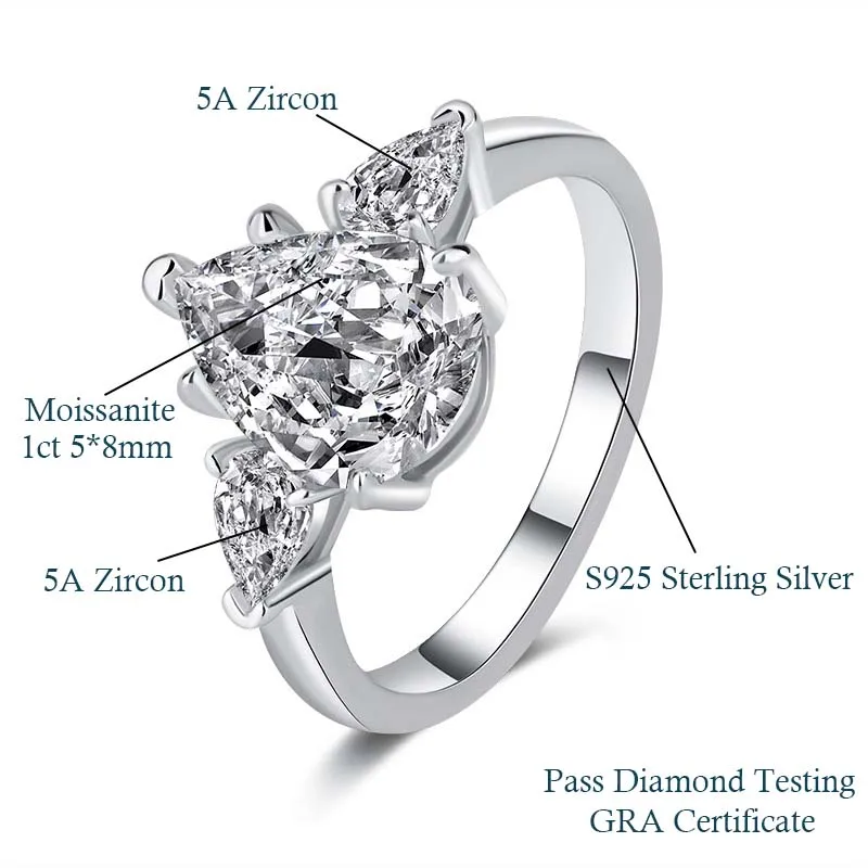 1-5CT peer geslepen miossaniet ring GRA gecertificeerd 925 sterling verzilverd 18K D VVS1 Lab diamanten bruiloft verlovingsband voor vrouwen