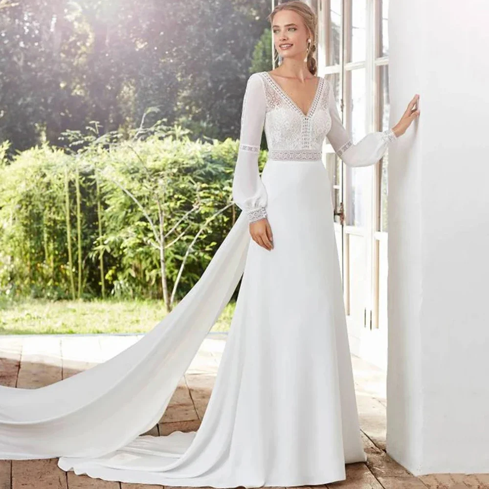 

Customized Wedding Dresses Satin Bridal Gowns Lace Appliques Long Puff Sleeves Robes Backless Vestidos De Novia
