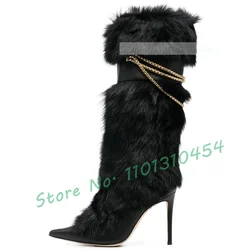 Black Fur Chain Knee High Boots Women Trending Fluff Pointy Belt Buckle High Heels Boots Winter Female New Fashion Snow Boots