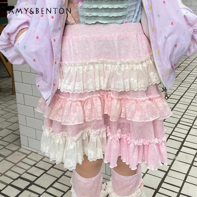 

Japanese Pink Cute Lace Hollow Out Splicing Women's Cake Skirt Original Design Blue Sweet Versatile Puffy Half Skirts Ladies