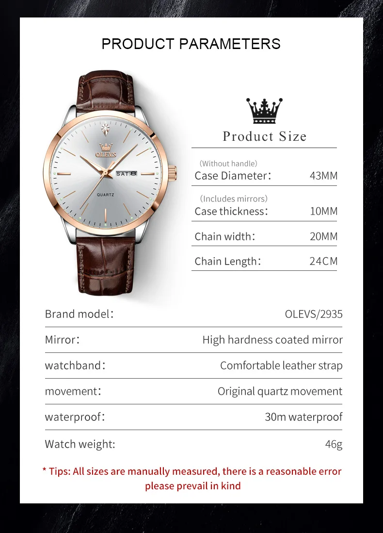 OLEVS 2935 Men Watch Luxury Brand Quartz Watch Business Leather Strap Double Calendar Waterproof Men\'s Watch Relogios Masculino