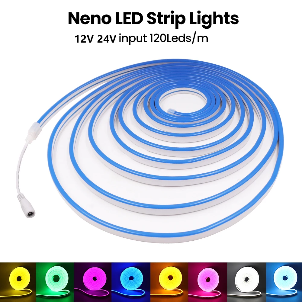 12V 24V LED Neon Strip Light 5m 10m 20m Waterproof Silicone Rope Lights White Red Green Blue Flexible 120LEDs DC Plug Home Decor