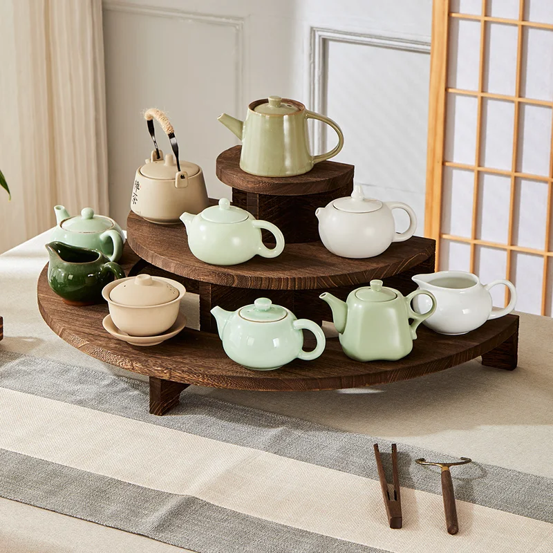 Solid Wood SemiCircular Display Shelf Handmade Zen Tea Set Organizer MultiLevel Ladder Storage Rack for Tea Set Tea Storage