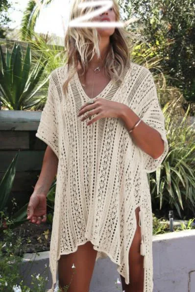 Hollow Out Loose and Sexy Vacation Beach Bikini Cover Up Sun Protection Clothing Women's Swimwear Coat