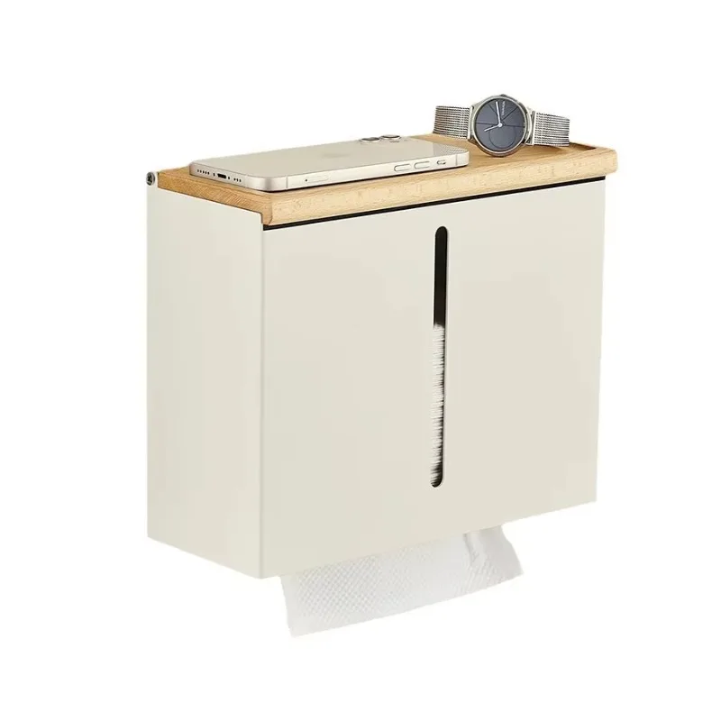 Walnut Wood Wall Mount Tissue Dispenser, Hand Towel & Toilet Paper Box with Shelf, No Drill Bathroom Organizer for Hotel