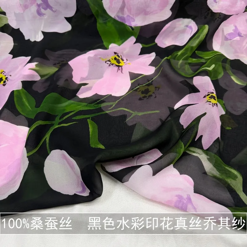 1meter-black-background-pink-printed-silk-georgette-fabric-transparent-shirt-dress-100-mulberry-silk-satin-fabric