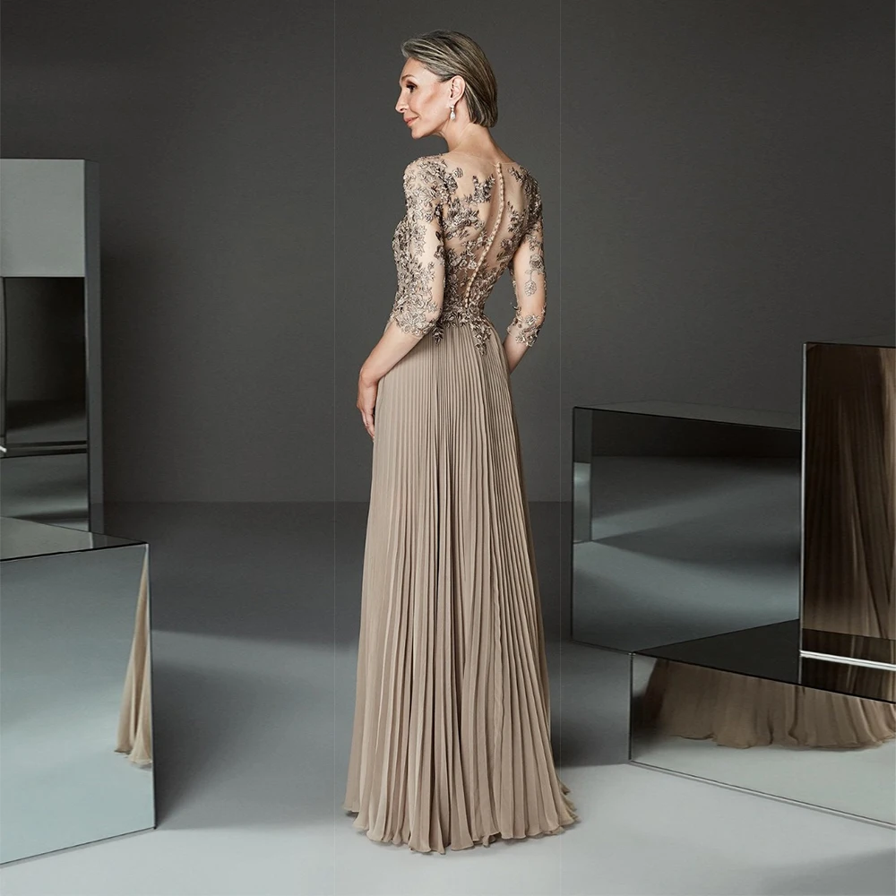 Customized Strapless Brown Chiffon Mother of Bride Dresses Summer Three Quarter 2025 Lace Pleat Wedding Party Gowns for Party