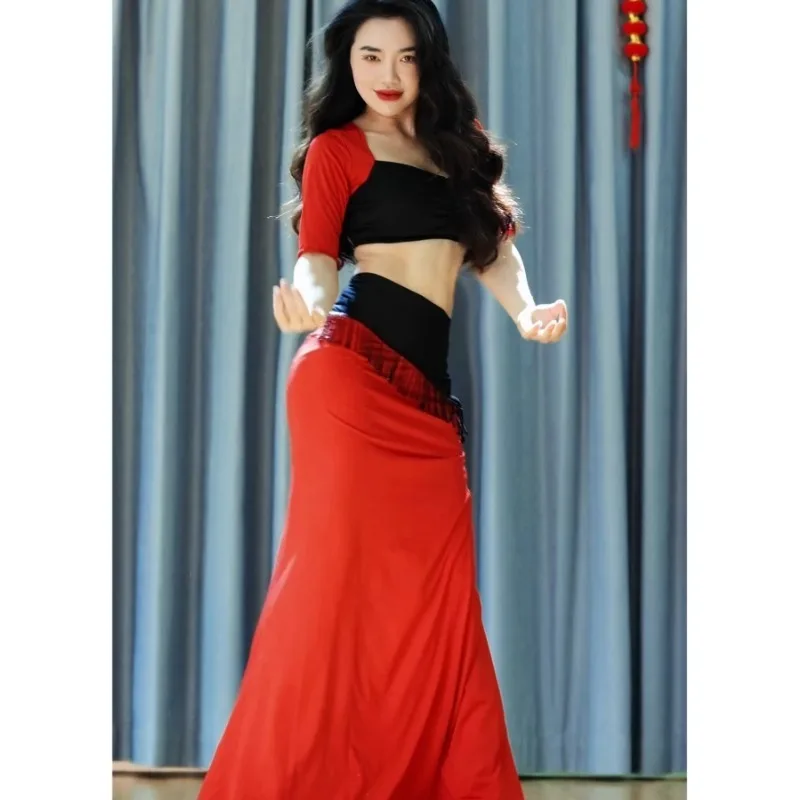 Customized Belly Dance Costume Set Performance Dress Class Dress Sexy Practice Clothes Black Tassel Tops Long Skirt Dancewear