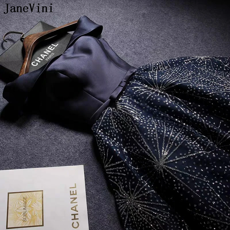 

JaneVini Navy Blue Short Homecoming Dresses Gala Jurk Shiny Glitters Tea Length Off Shoulder Women Cocktail Dress Party Gowns