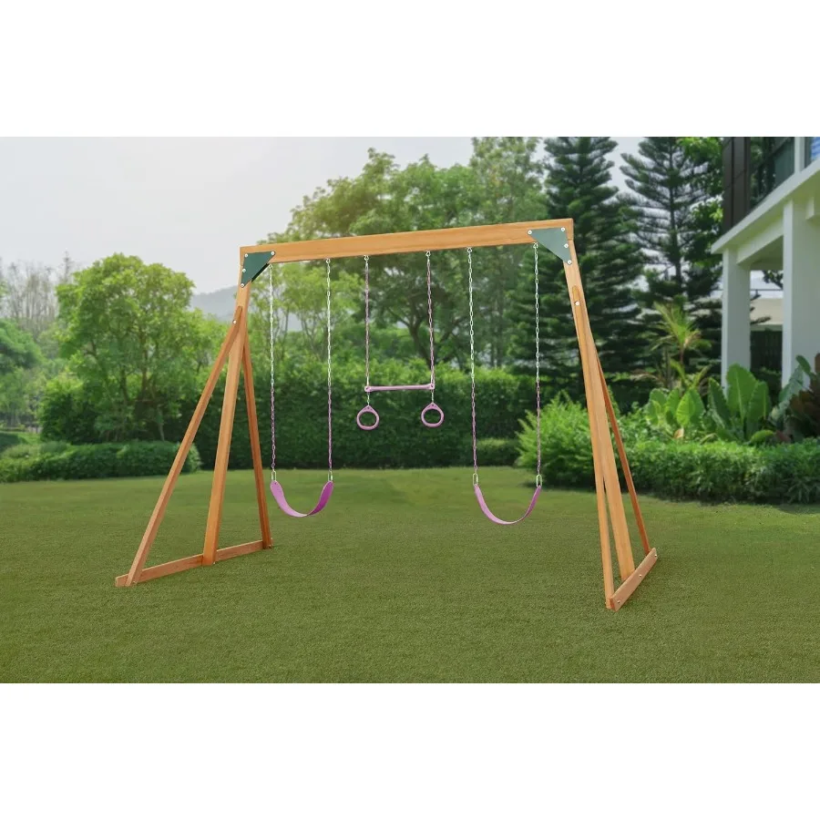 

Trailside Cedar Wooden Backyard Swing Set for Outdoor Play Area Dimensions: 87 H x 89 L x 120 W Features Pink Accessories 2 Swi
