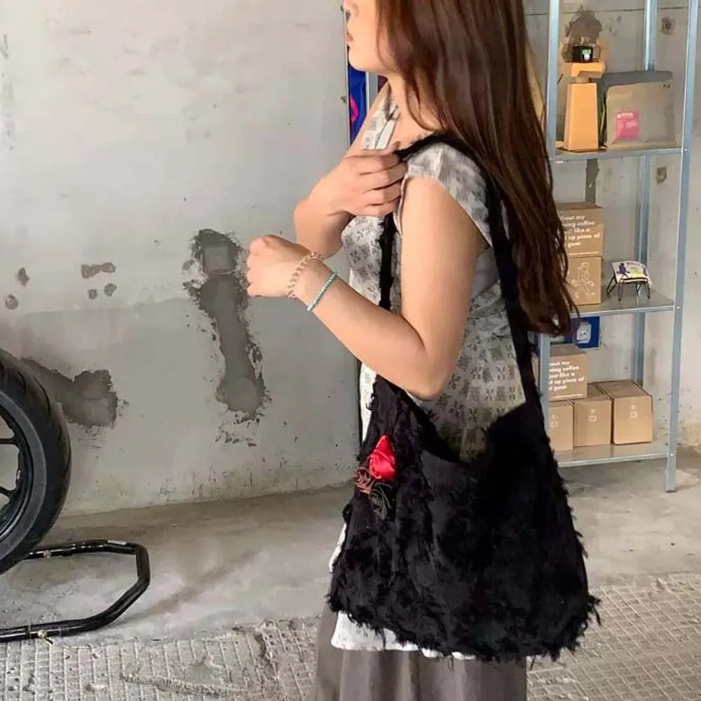 

Large Capacity Linen Jacquard Tote Bag Korean Style Lightweight Bag Decorated with Roses Cotton Polyester Flax Raw Edge Bag