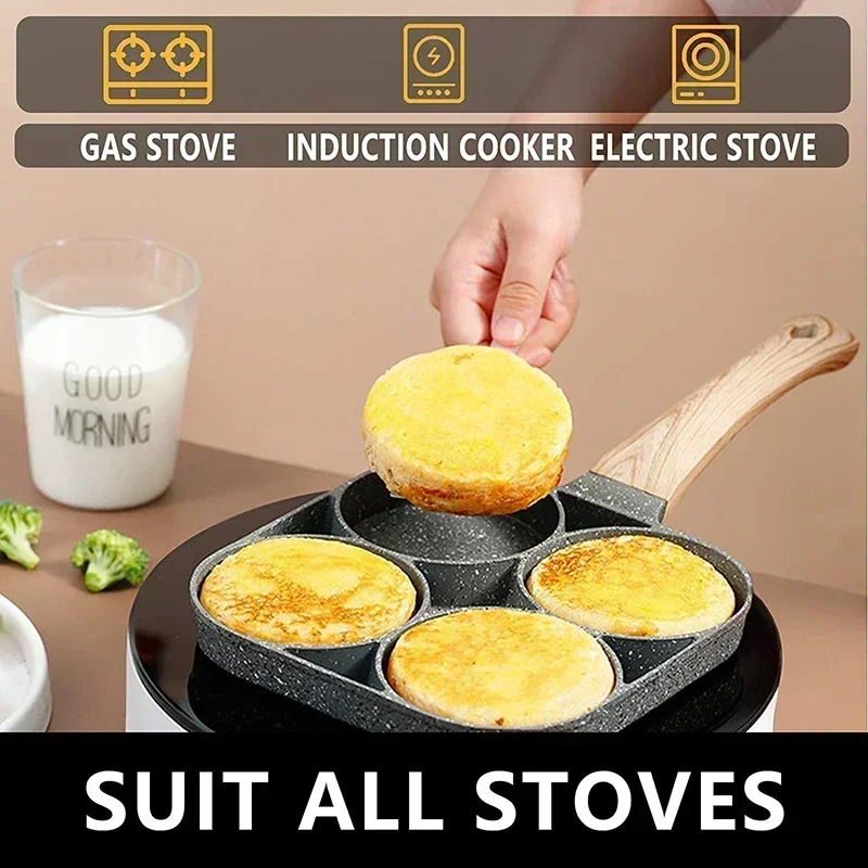 Omelet Pan Four-hole Frying Pot, Thickened Black Non-stick Egg Steak Ham Pancake Wooden Handle Kitchen Cooking Breakfast Maker