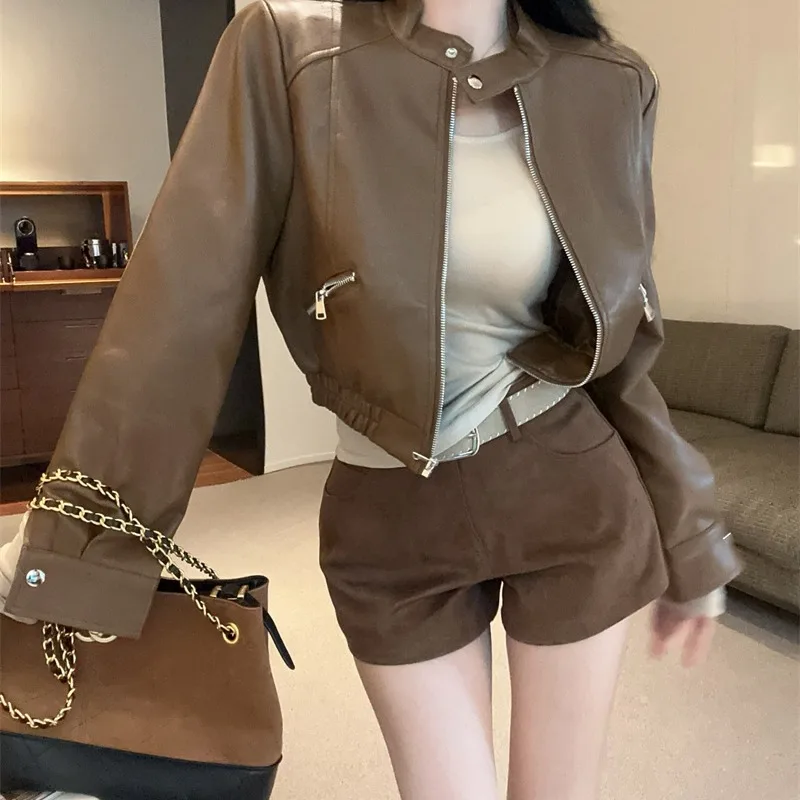 Hong Kong Sle ort Biker Jaet femmes taille haute manteau en cuir PU polyvalent automne nouveauté Faion haut pour femme