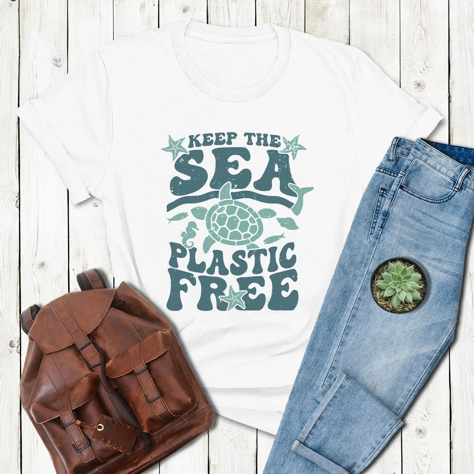 Keep the Sea Plastic Free T Shirt Turtle Eco Friendly Ocean Conservation  vintage Washed Breathable streetwear Comfortable