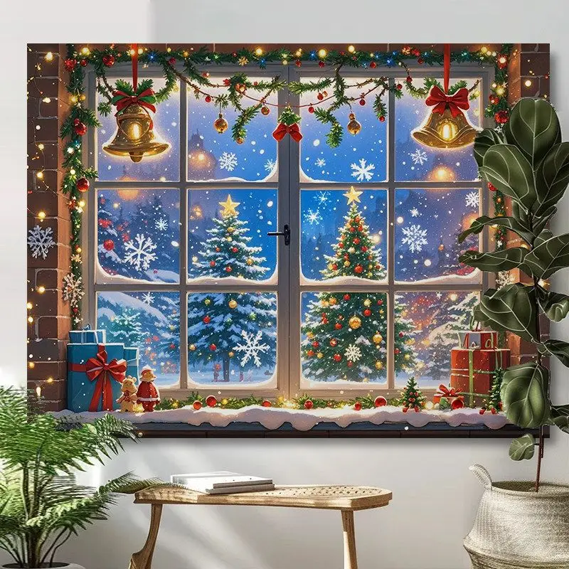 VIKAMA Christmas Window View Tapestry Winter Snow Scene Xmas Tree Gift Bell Wall Hanging for Holiday Home Decor