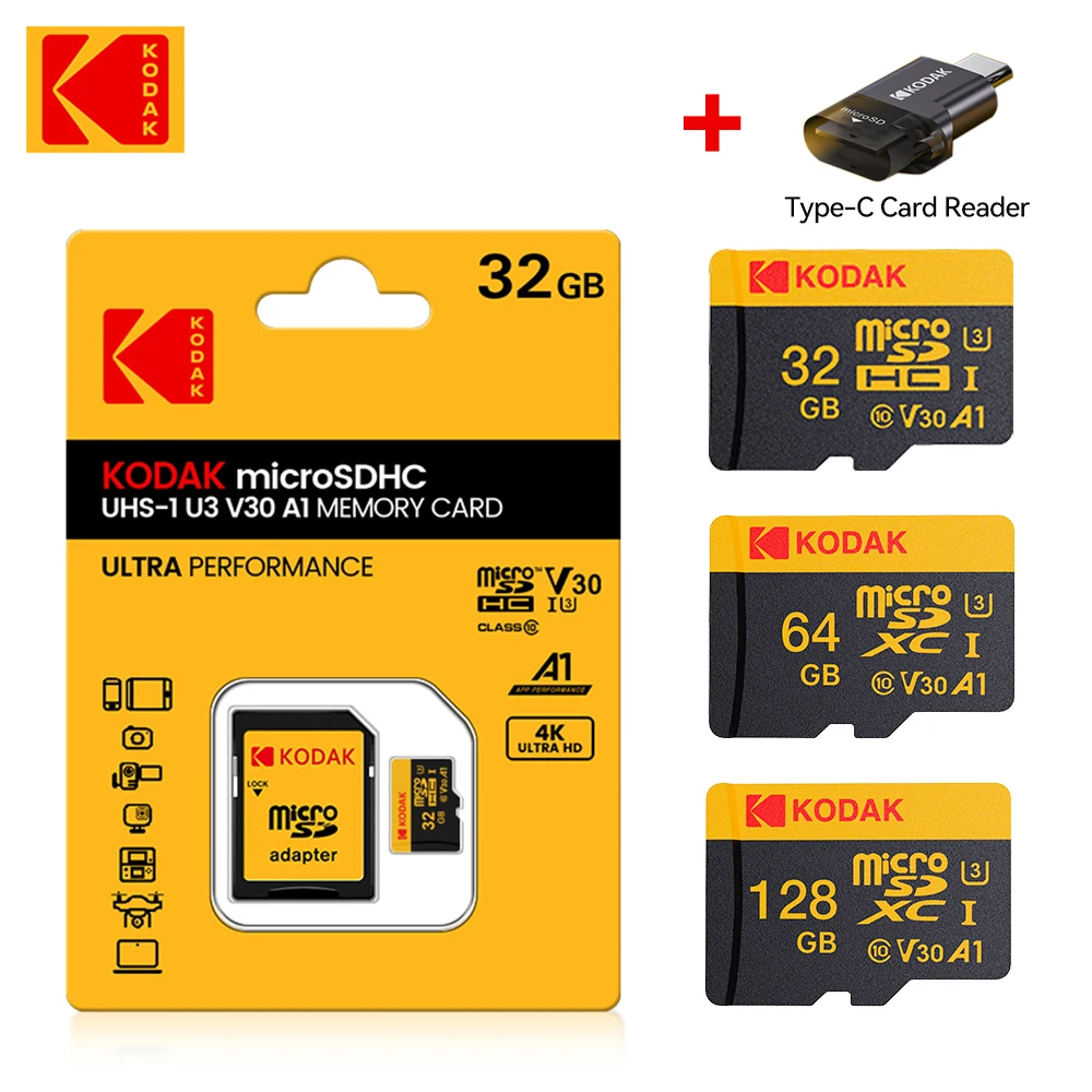 

Original Kodak Micro SD Memory Card 128GB 100MB/S 64GB 32GB Micro sd card Class 10 UHS-1 Flash Microsd TF + Type-C Card Reader