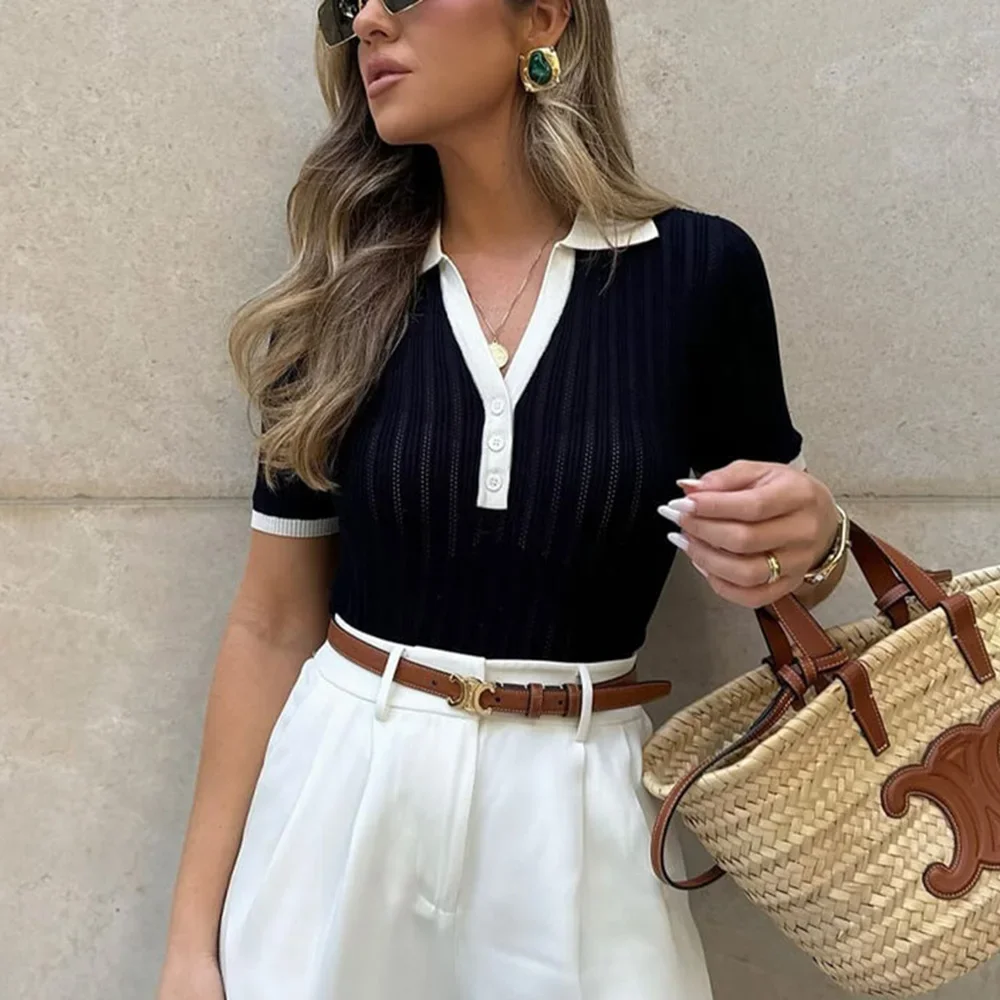 Elegante retalhos de malha pulôver moda feminina lapela contraste cor camisola casual fino ajuste pulôver de malha camiseta