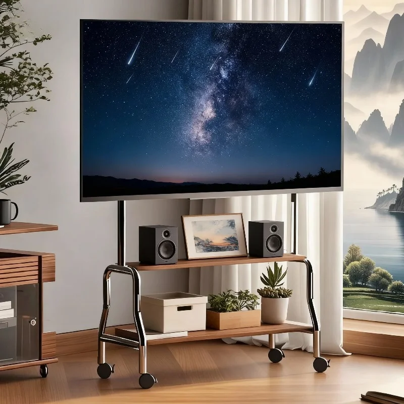 Eco-Friendly Mobile TV Stand Carbon Steel Heavy Duty Rolling TV Stand with Lockable Wheels for 32-75 Inch TV in Long Lasting Use