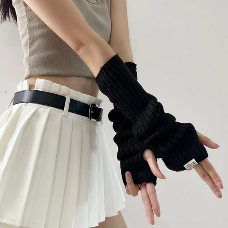 ถุงมือไหมพรมแบบไม่มีนิ้วสไตล์ Y2K สำหรับผู้หญิง ปลอกแขนถักไหมพรม แขนยาว ถุงมือแบบไม่มีนิ้ว สไตล์ฮาราจูกุ สาวพังก์ กอธิค คอสเพลย์ ถุงมืออนิเมะ
