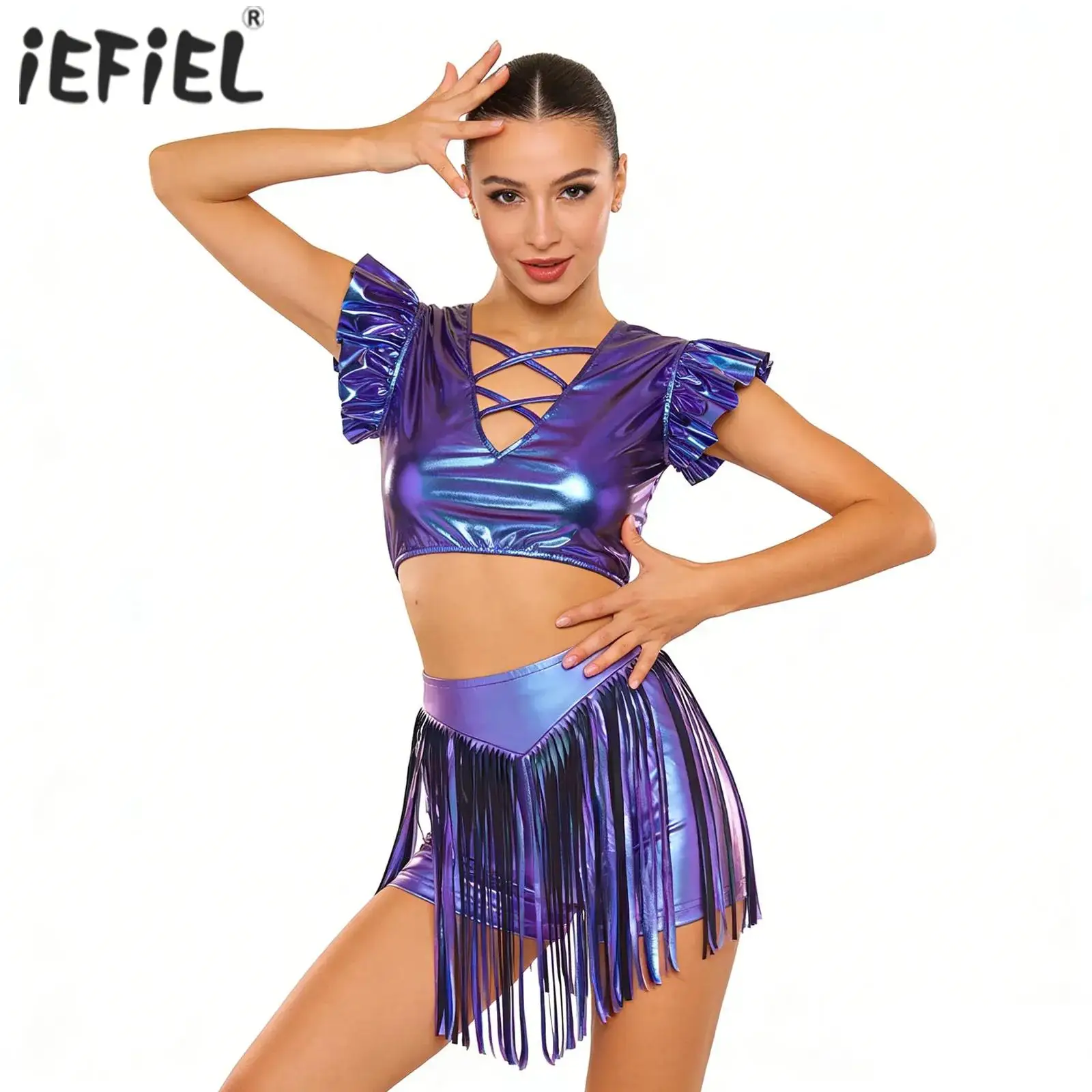 

Womens Iridescent Metallic Hip Hop Jazz Dance Outfit Performance Costume Holographic Ruffled Crop Top with Fringe Hot Shorts