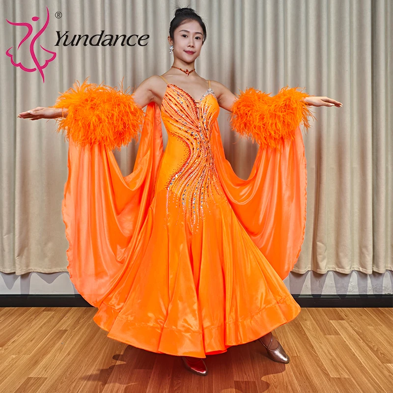 B-26086 High-end High Quality Sexy Women Girls Orange Smooth Dance Competition Wear Custom Ballroom Dress With Pearl Silk