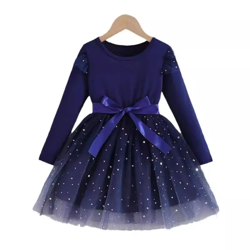 Spring Girls\' Long Sleeve Dress 2-6Y Cute Children\'s Sequin Stars Sky Mesh Princess Dress Autumn Kid\'s Clothes Girls Outfit