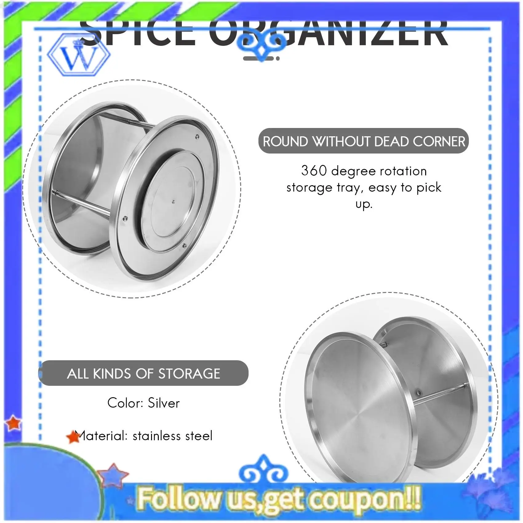 

Easy To Use Spice Rack Stainless Steel Organizer Tray 360 Degree Turntable Rotating 2 Stand For Dining Table Kitchen Counters Ca
