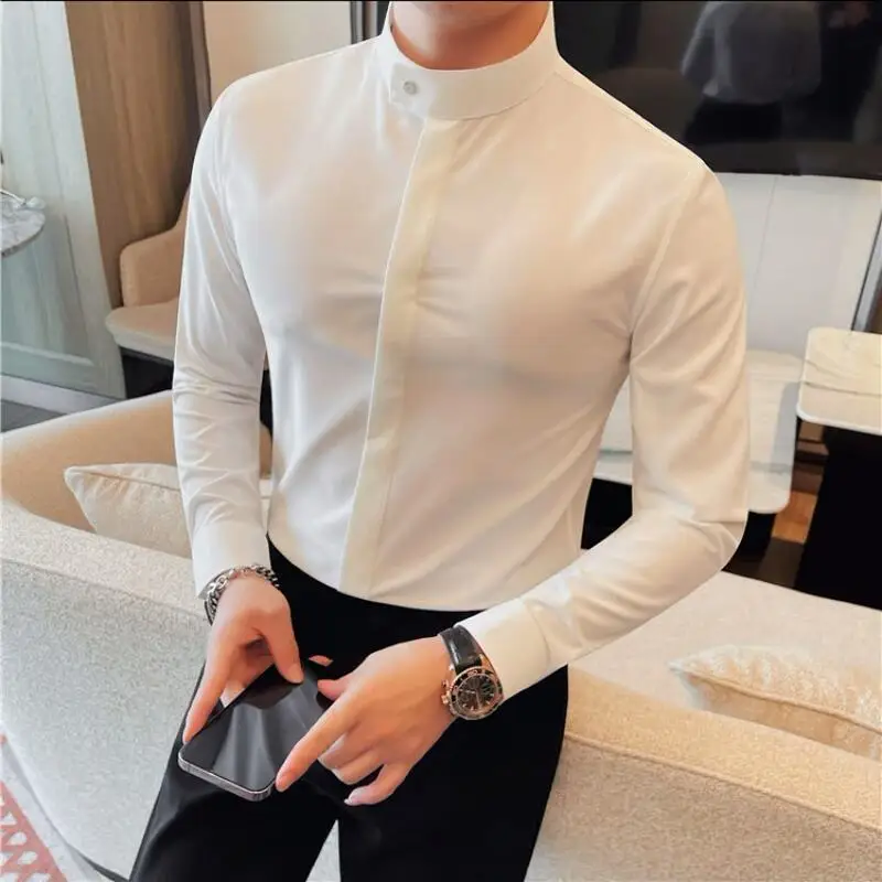 High Quality Concealed Button Shirts 2024 New Long Sleeve Slim Men Social Dress Shirt Formal Business Casual Prom Club Shirts