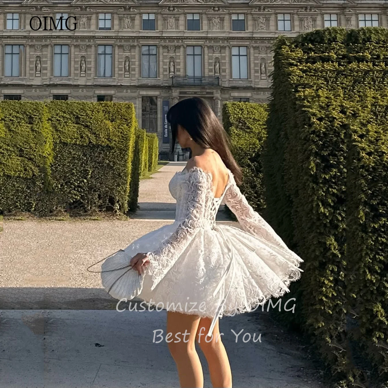 OIMG-Robe de Mariée en Dentelle Ivoire, Ligne A, Col en Cœur, Mini, Personnalisée