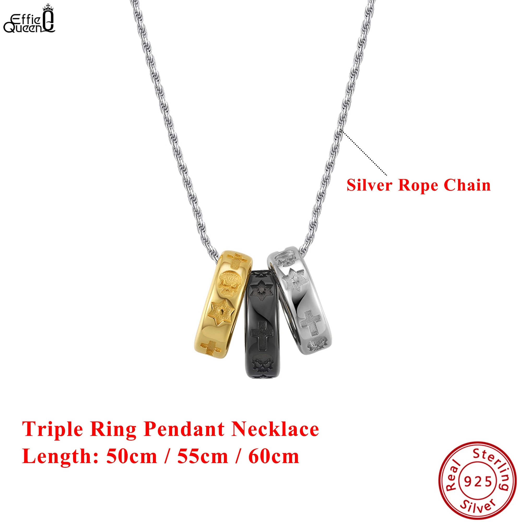 

Effie Queen 100% S925 Silver Rhodium Plated Triple Ring Pendant Necklace Luxury Jewelry Gift Banquet Party for Men Women NMN16