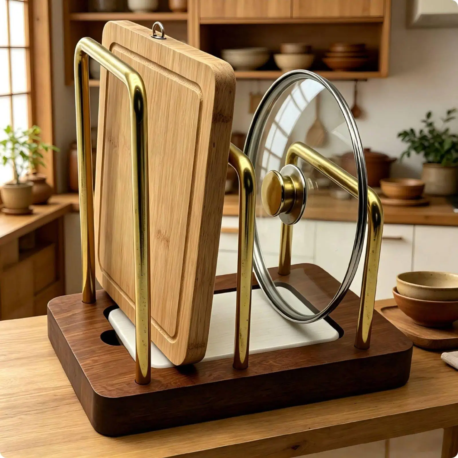 Kitchen Storage Rack with Multi Compartment Solid Wood Pot Lid Holder Table Shelf Organizer for Home Use