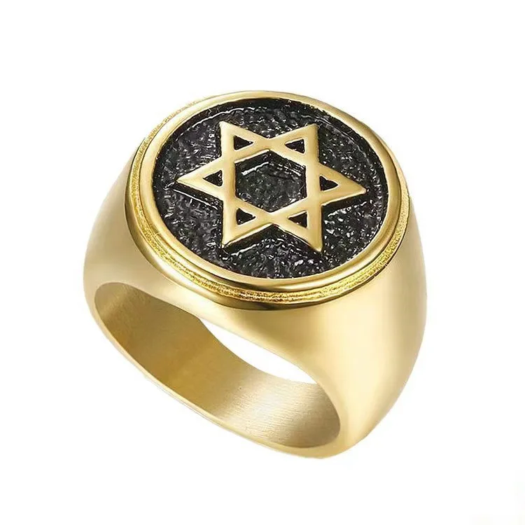 

Besiko Hot Sale Gold Color 316L Stainless Steel Men Hip Hop Star Of David Rings Fashion Vintage Hexagram Ring Jewelry