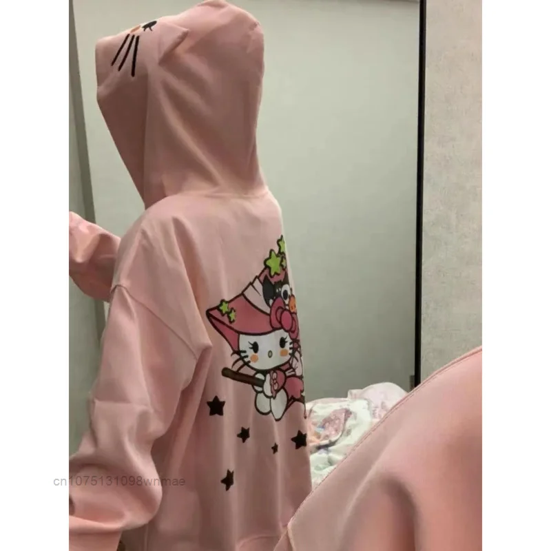 Hooded Zipper Sweatershirt for Women, Loose Oversize Coat, Halloween, Flying Broom, Hello Kitty, Sanrio, Cute, Fashion Hoodies